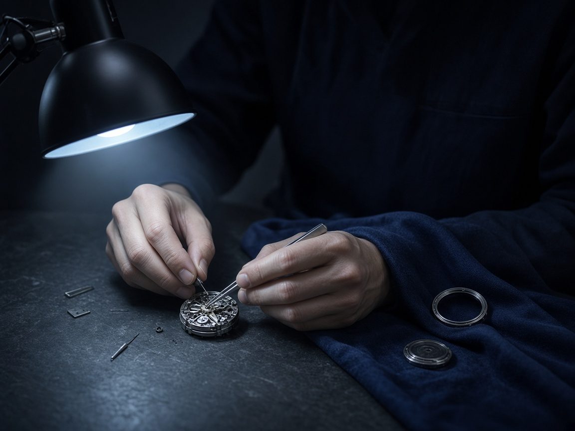 Hände setzen eine Unruh unter der Lupenlampe ein